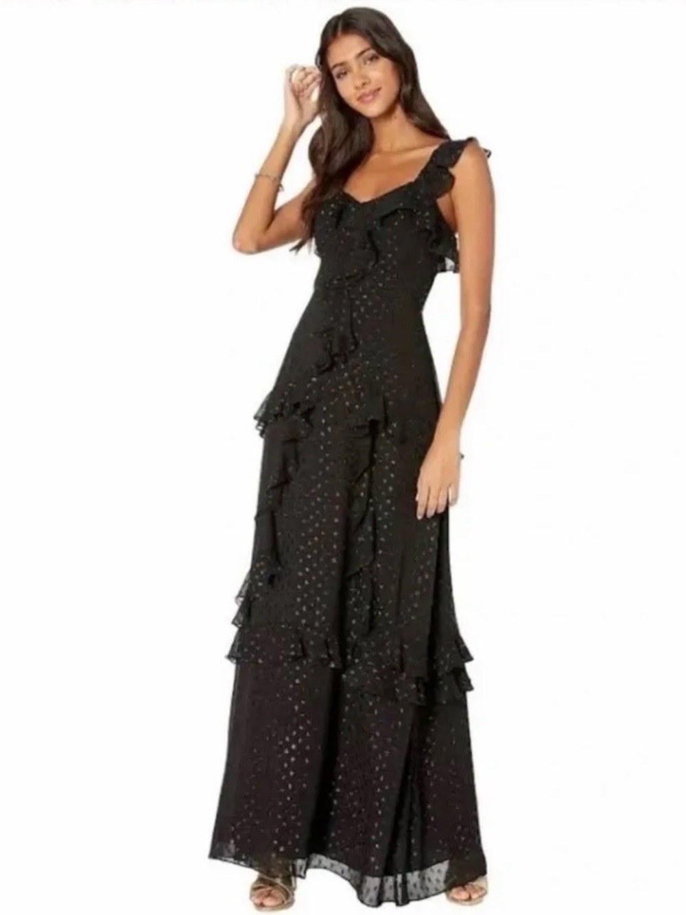 Lilly Pulitzer Black Ruffled Maxi Dress with Subtle Dot Detail